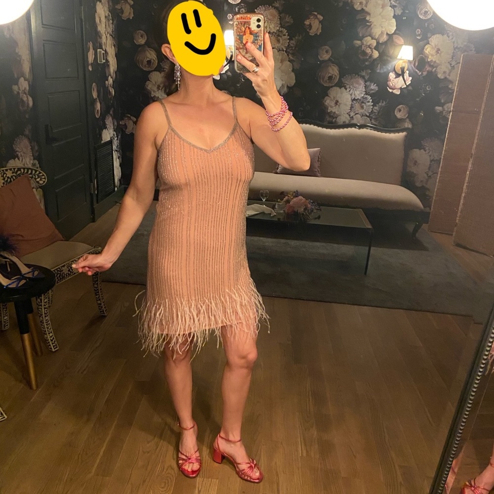 Lace & Beads Pink Feather Hem Beaded Dress Size Small